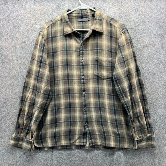Vince Shirt Mens Large Olive Green Button Down Madras Plaid Cotton Classic - Picture 1 of 11
